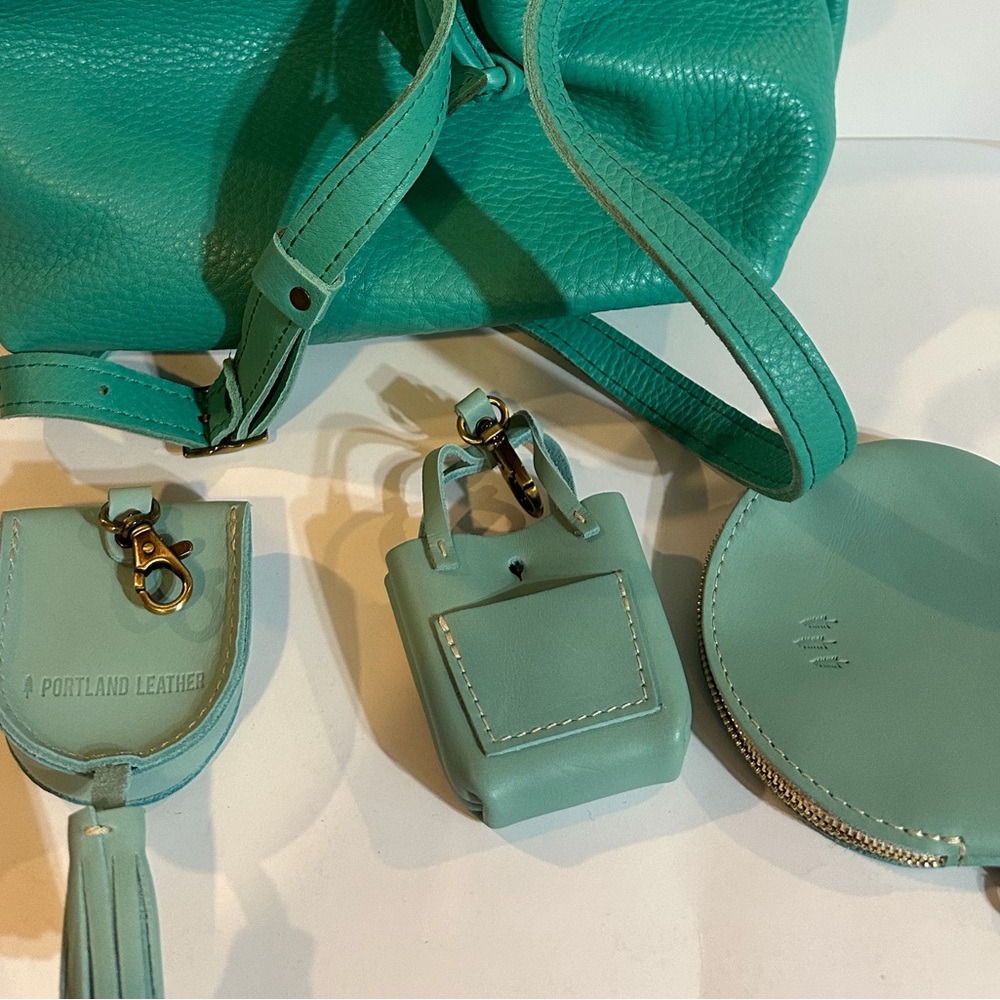 Teal Leather Drawstring Bucket Bag - Women's Shoulder Bag